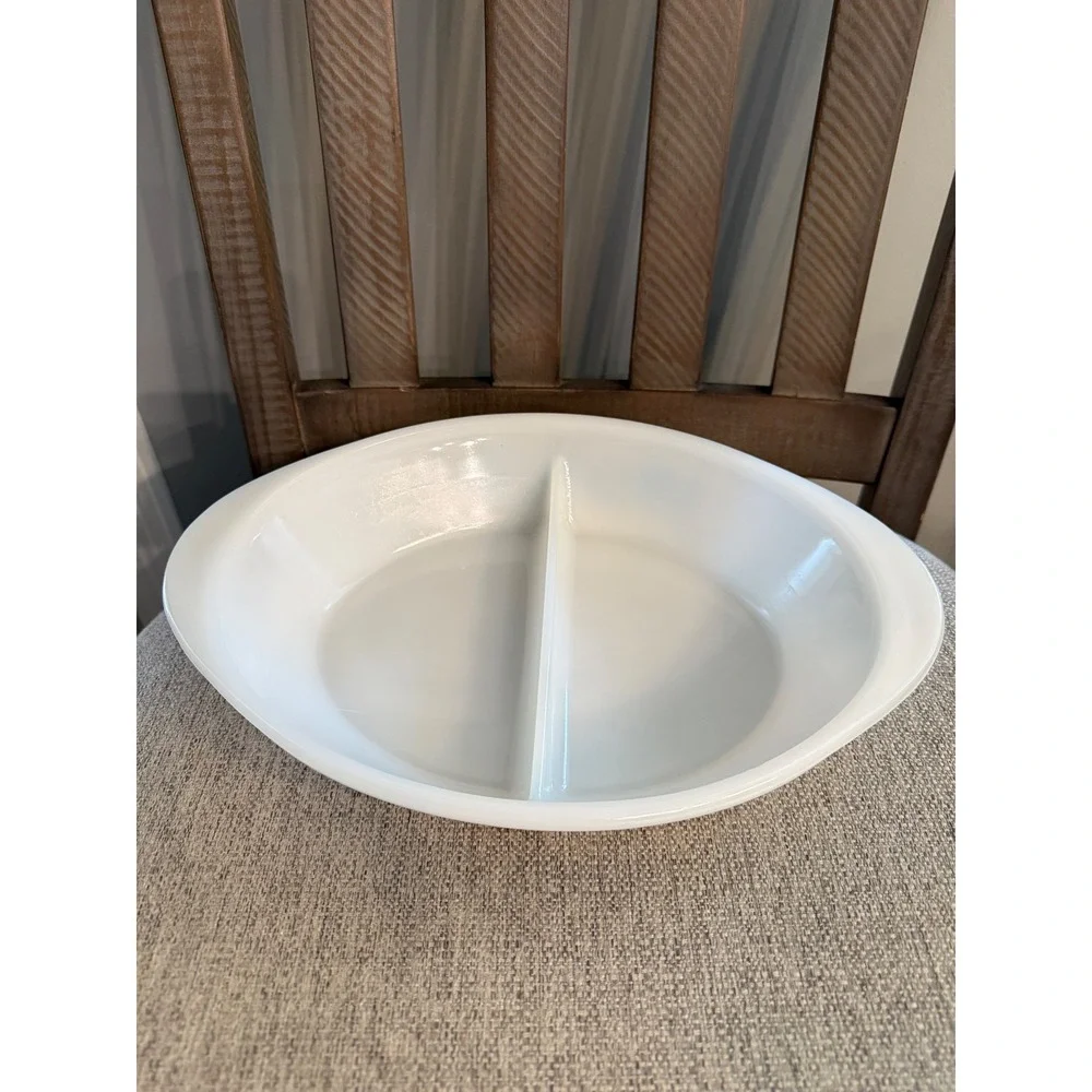 Vintage Glasbake Blue Floral Milk Glass Divided Oval Casserole Dish J-2352 USA